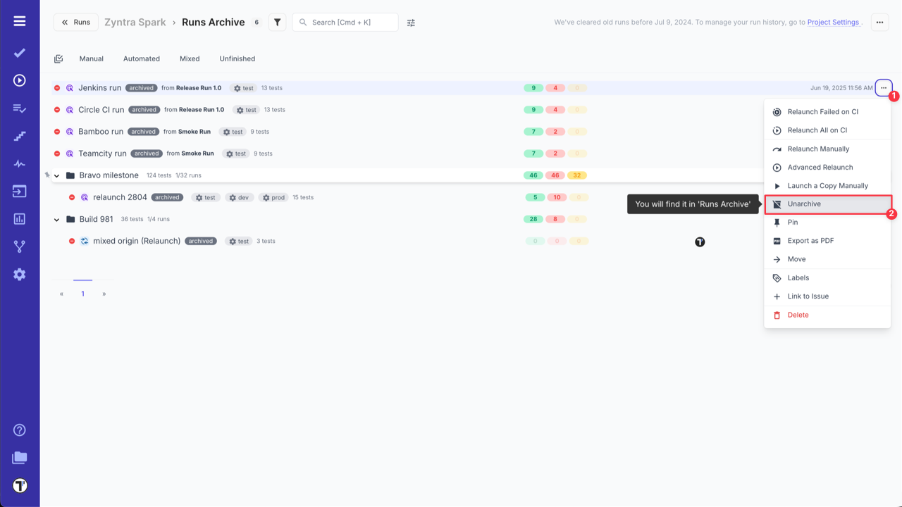 Testomat.io - Unarchive Runs Archive
